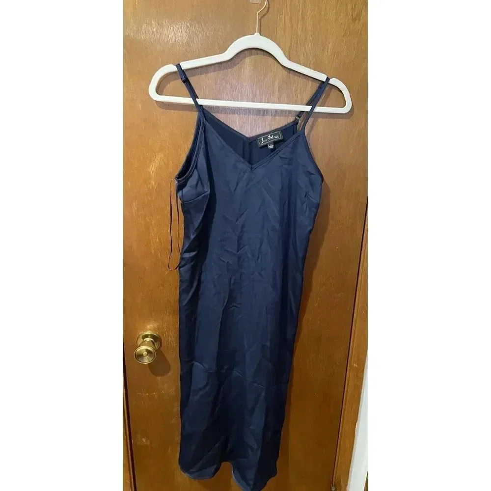 Sam Edelman Navy Satin Spaghetti Strap V Neck Womens‎ Midi Slipdress Sz 4